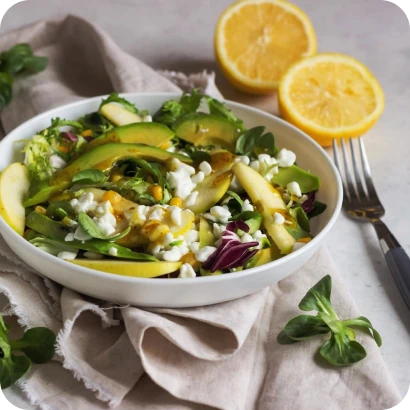Зеленый салат с кукурузой, яблоком и творогом